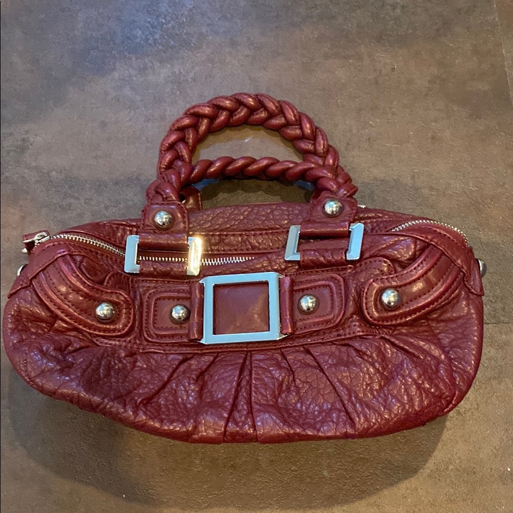 Black Rivet Red Shoulder Bag with Braided Handles